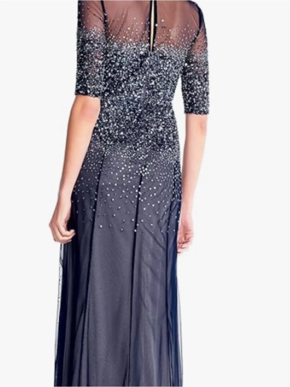Adrianna Papell Dark Navy Gown, Size 8.  Beaded/Sheer Evening Gown